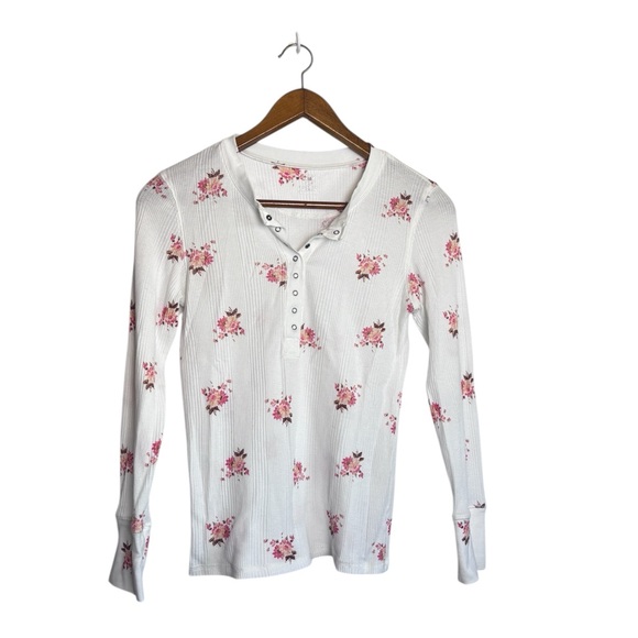 Aerie White Pink Floral Waffle Knit Thermal Long Sleeve Henley Top - Picture 2 of 7